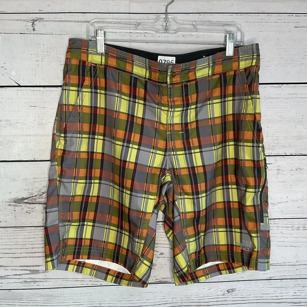 The North Face Mens Board shorts 34 Plaid Orange Yellow Swim Raft‎ Hike Water